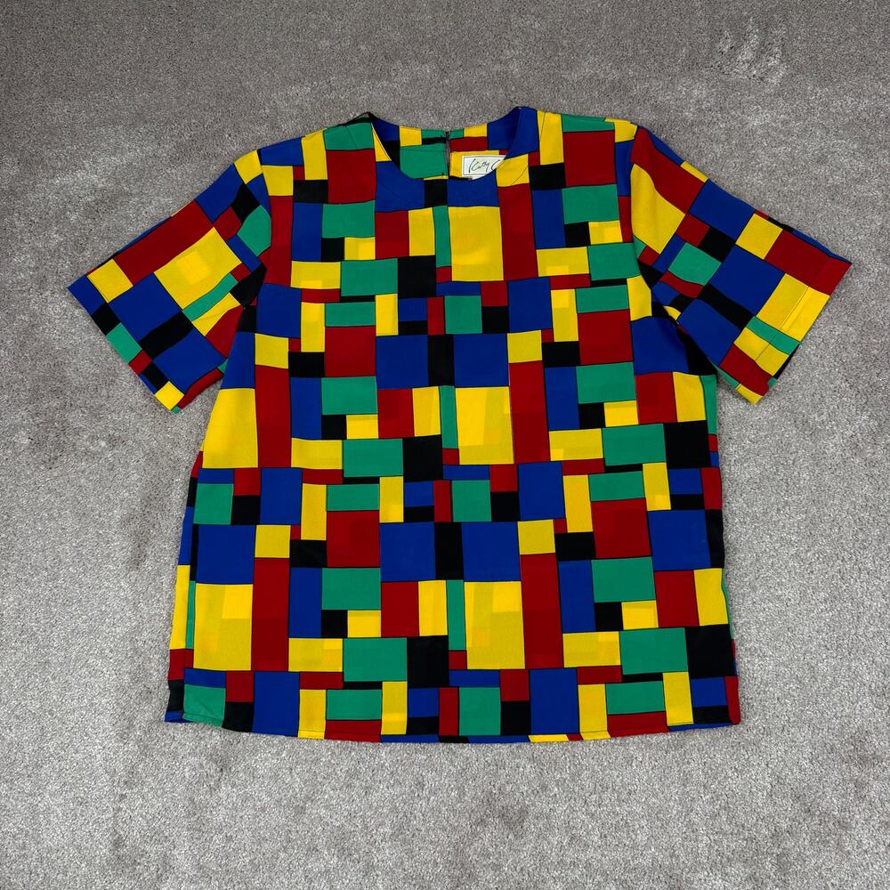 Vtg Kathy Che Size L Primary Color Block Geometric Blouse 90s Mondrian Art Wear